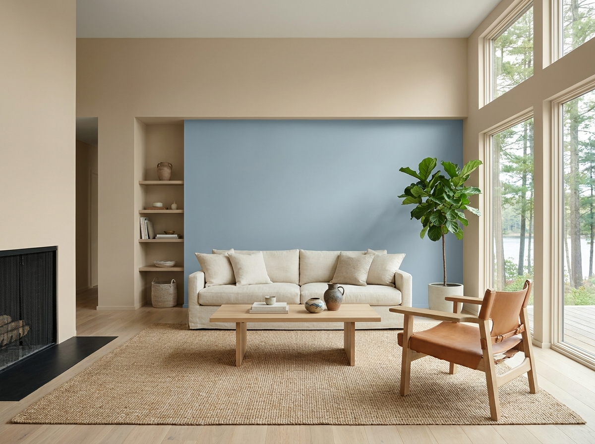 Frisch gestrichenes modernes Wohnzimmer mit blauer Akzentwand